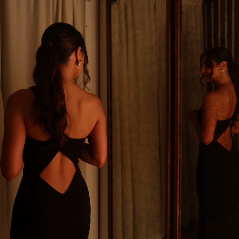 Katie May Black One-Shoulder Cutout Gown View 5